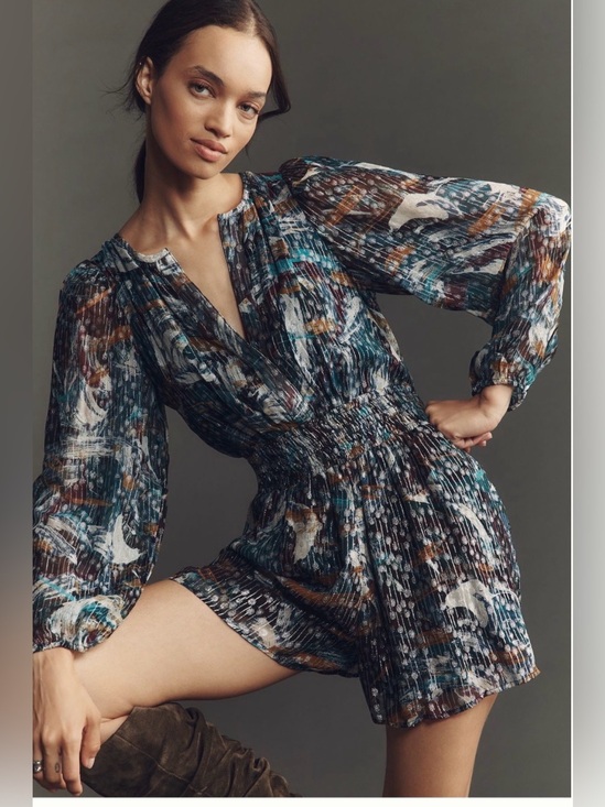 Anthropologie Pants - NWT Anthropologie Somerset Metallic Smocked Romper Blue Patte Medium, MSRP $158